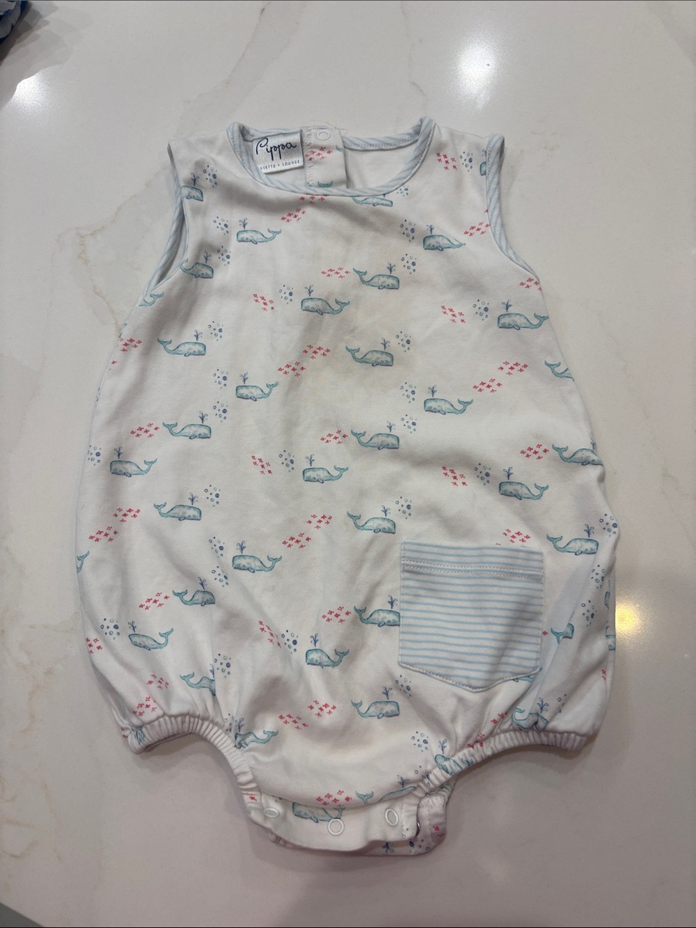 Pippa & Julie White Romper with Blue Whale Pattern and Pink Accents